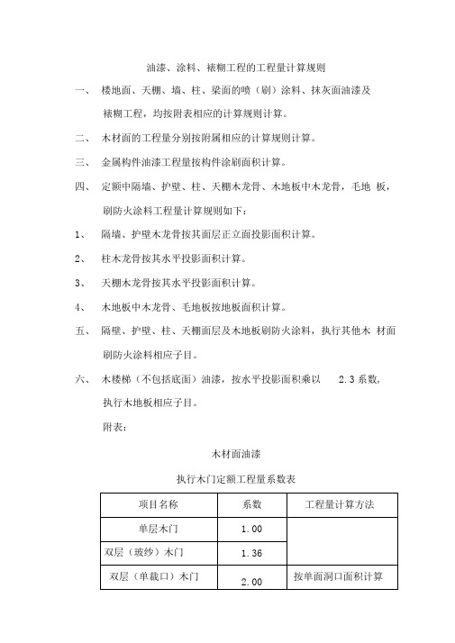 油漆、涂料、裱糊工程的工程量计算规则