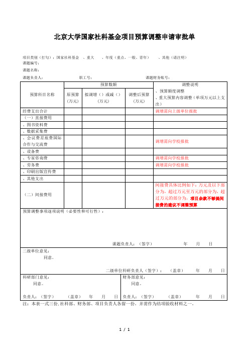 北京大学国家社科基金项目预算调整申请审批单