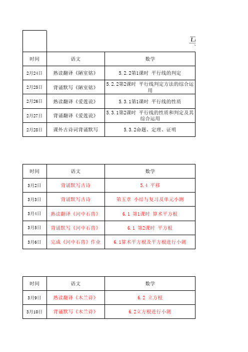 新集初中七年级线上学习教学进度(2.24—3.16)