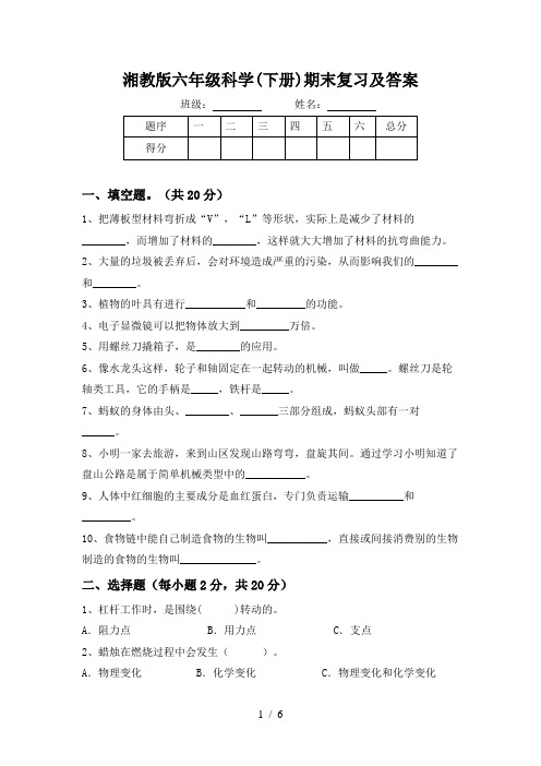 湘教版六年级科学(下册)期末复习及答案