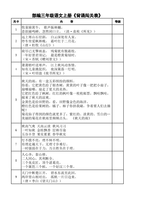 部编版三年级(上)语文背诵表