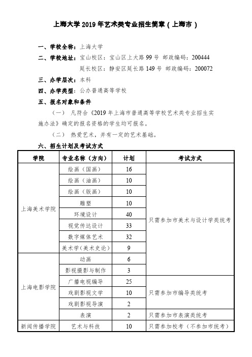 上海大学2019年艺术类专业招生简章(上海市)