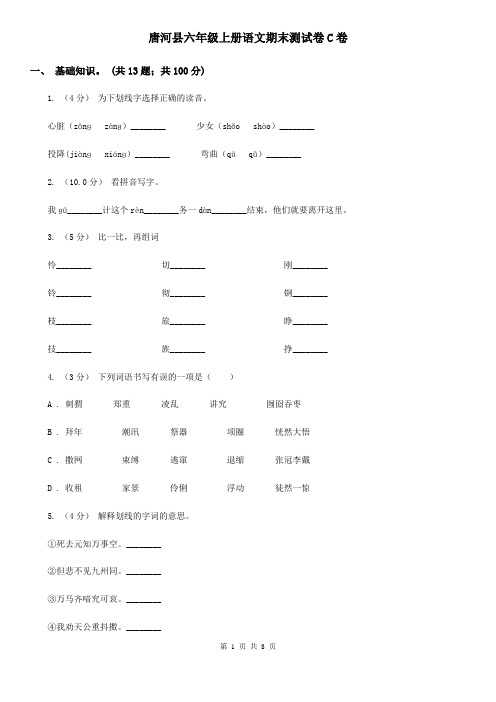 唐河县六年级上册语文期末测试卷C卷