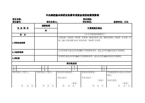 中央高校基本科研业务费专项资金项目经费预算表