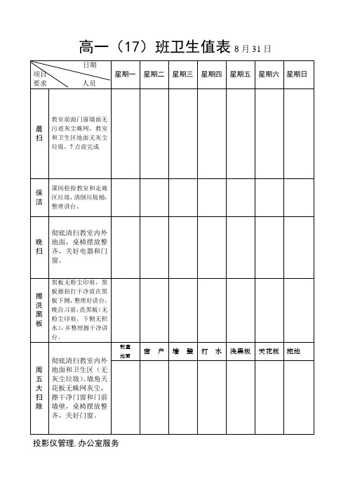 班级卫生值日表