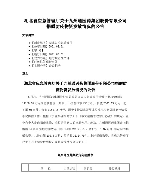 湖北省应急管理厅关于九州通医药集团股份有限公司捐赠防疫物资发放情况的公告