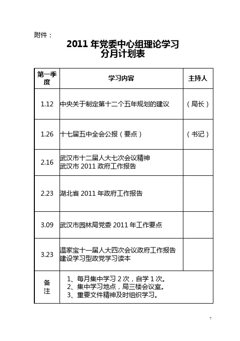 党委中心组理论学习分月计划表