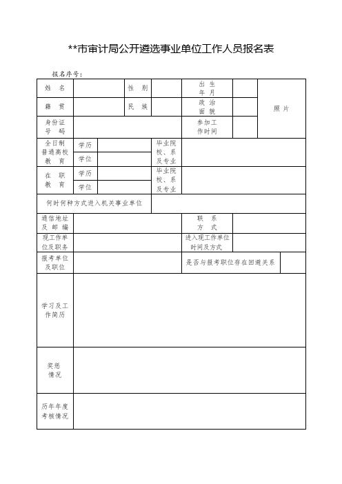 XX市审计局公开遴选事业单位工作人员报名表【模板】