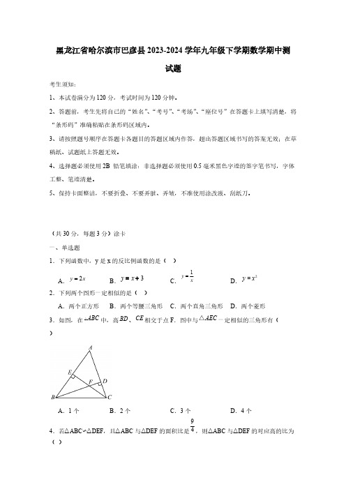 黑龙江省哈尔滨市巴彦县2023-2024学年九年级下册数册中测试题(附答案)