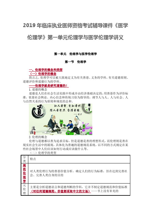 2019年临床执业医师资格考试辅导课件《医学伦理学》第一单元伦理学与医学伦理学讲义