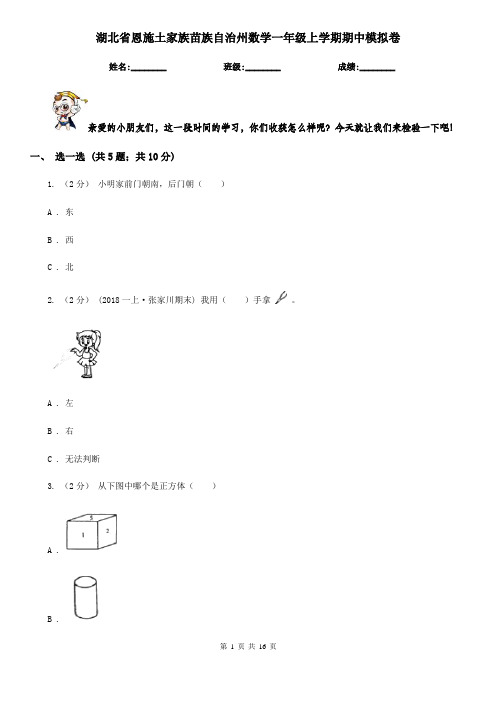 湖北省恩施土家族苗族自治州数学一年级上学期期中模拟卷