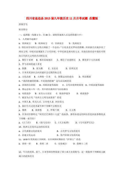 四川省盐边县2013届九年级历史11月月考试题 岳麓版