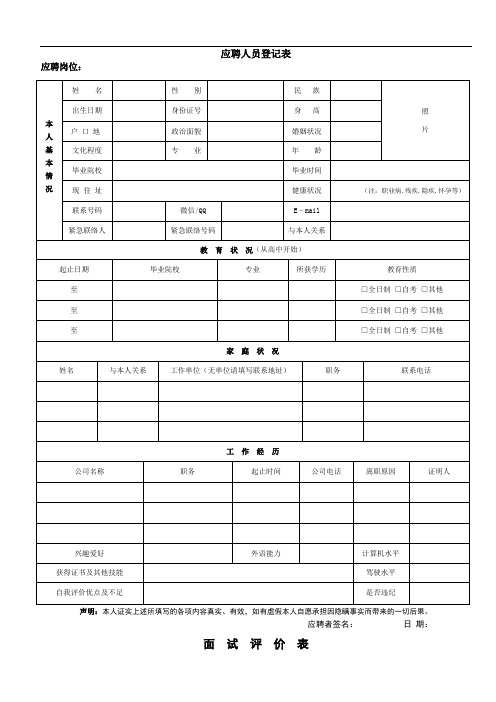 员工应聘登记表、面试评分表