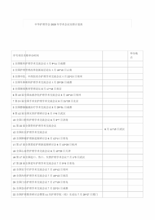 中华护理学会2020年学术会议安排计划表