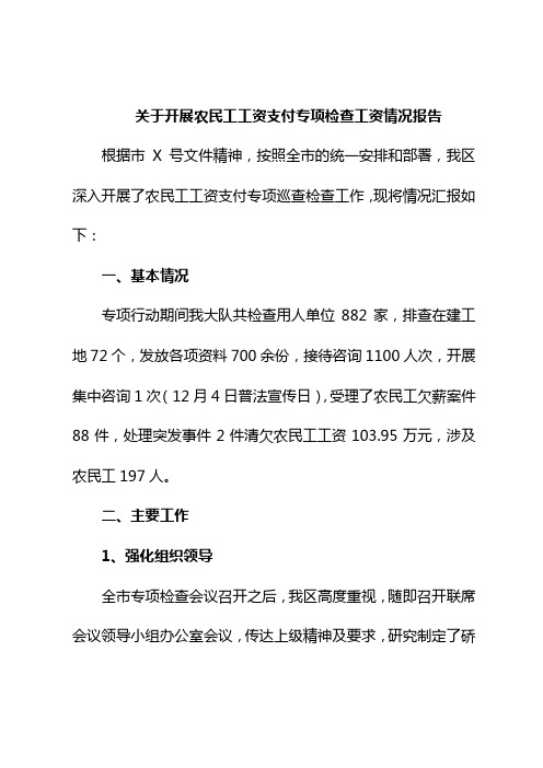 关于开展农民工工资支付专项检查工资情况报告