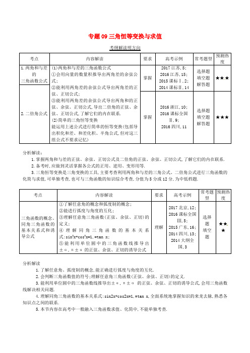 三年高考(2016-2018)高考数学试题分项版解析 专题09 三角恒等变换与求值 理(含解析)