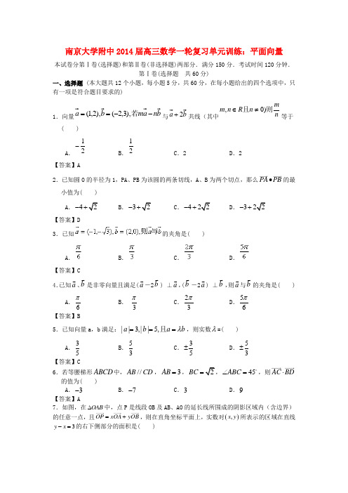 江苏省南京2014届高三数学一轮复习 平面向量单元训练