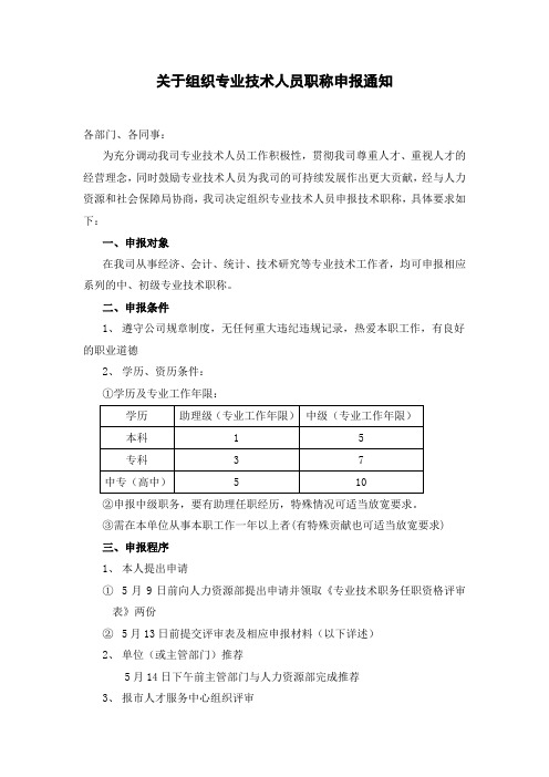 关于组织专业技术人员职称申报通知