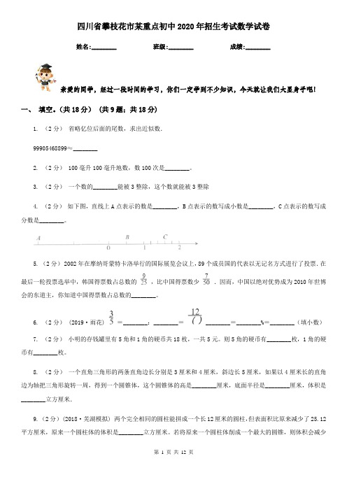 四川省攀枝花市某重点初中2020年招生考试数学试卷