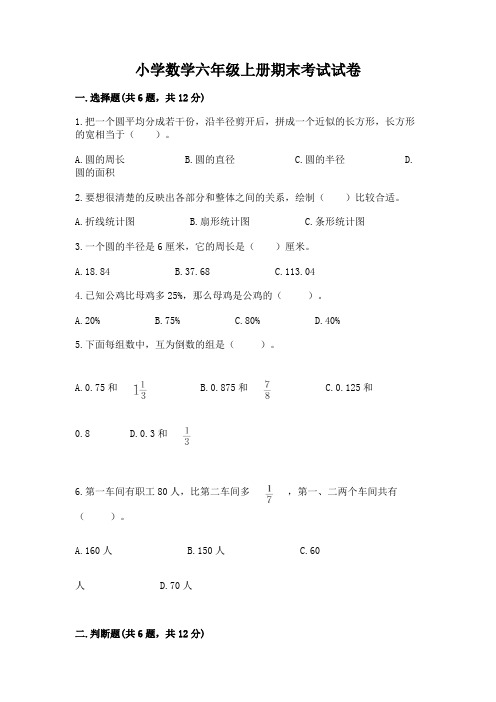 小学数学六年级上册期末考试试卷及答案【全国通用】