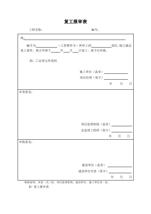 施工单位复工报审表