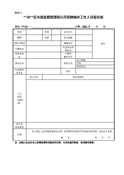 厦门市思明区市场监督管理局公开招聘编外工作人员报名表【模板】