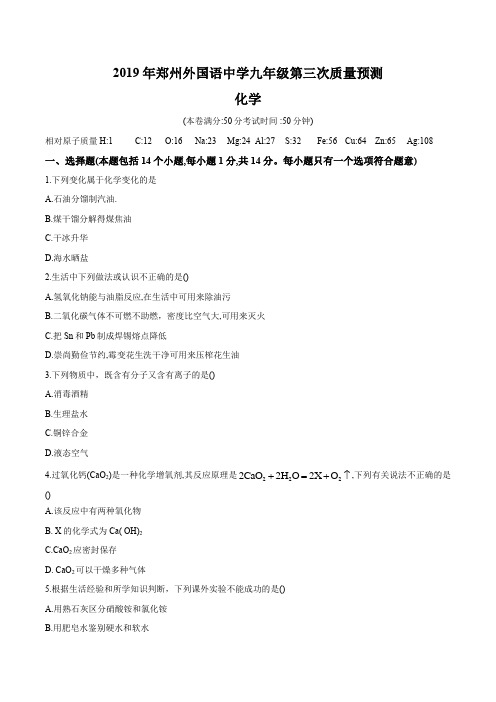 2019年郑州外国语中学九年级第三次质量检测化学试卷