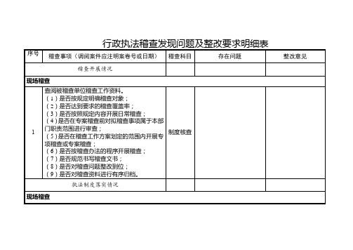 行政执法稽查发现问题及整改要求明细表