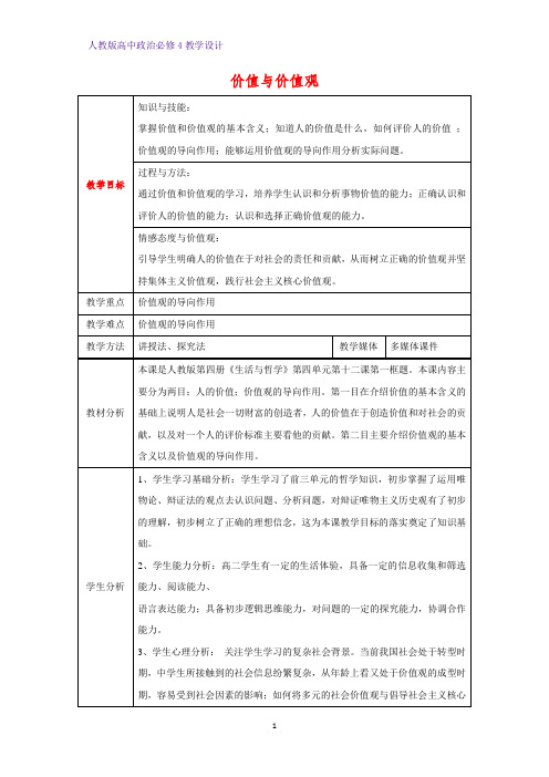 高中政治必修4教学设计19：12.1 价值与价值观优质教案