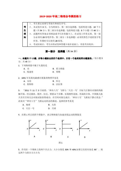 2019-2020年高二物理会考模拟练习