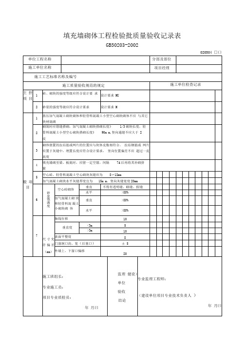 填充墙砌体工程检验批质量验收记录表