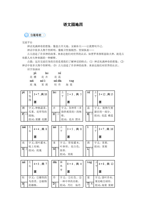 最新2019年部编版小学语文四年级上册第四单元《语文园地四》自学指导