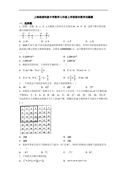 上海杨浦初级中学数学七年级上学期期末数学试题题