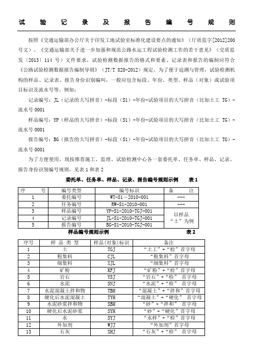 试验记录及分析报告编号规则