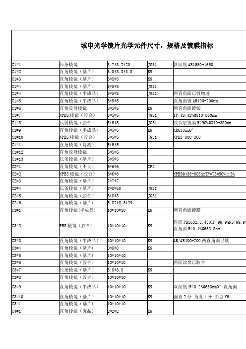 光学元件棱镜滤光片等的规格尺寸镀膜要求