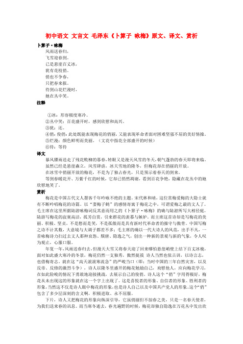 初中语文 文言文 毛泽东《卜算子 咏梅》原文、译文、赏析