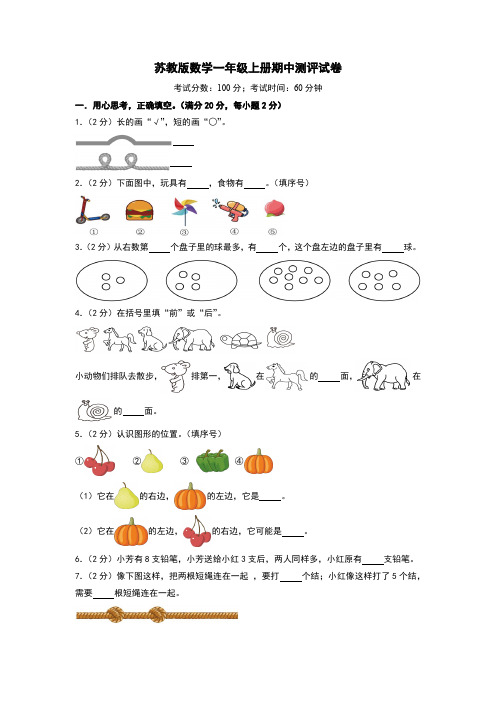 苏教版数学一年级上册期中测评试卷A3版(带答案)