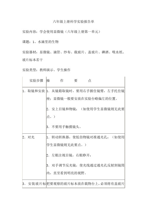 六年级上册科学实验报告单