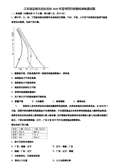 江苏省盐城市达标名校2020年高考四月质量检测地理试题含解析