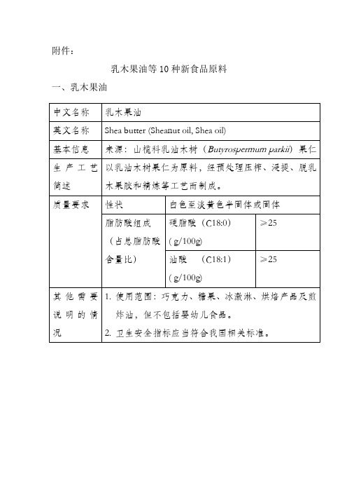 乳木果油等10种新食品原料