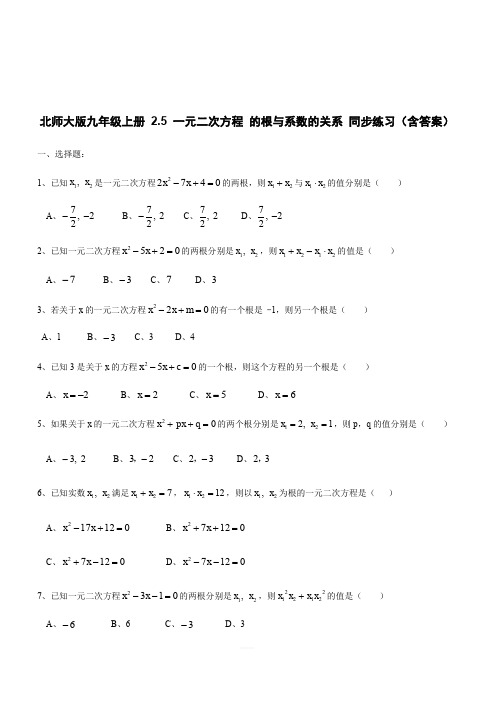 北师大版九年级数学上册 2.5 一元二次方程的根与系数的关系 同步练习(含答案)