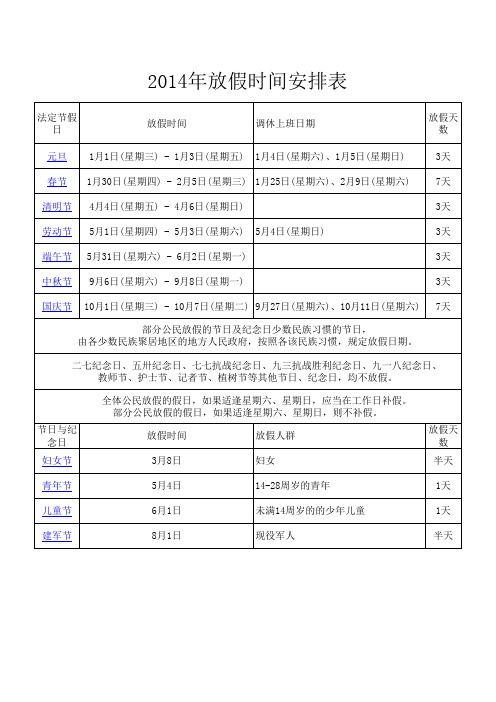 2014年放假时间安排表