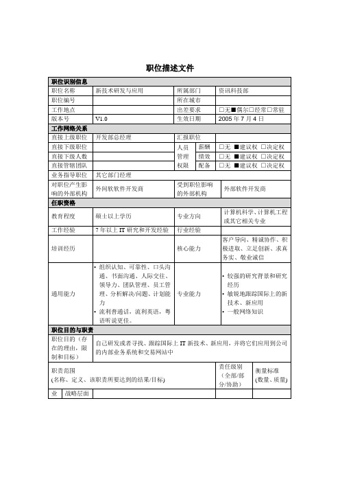 新技术研发与应用岗位说明书