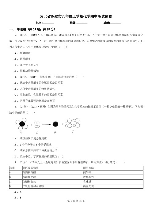 河北省保定市九年级上学期化学期中考试试卷