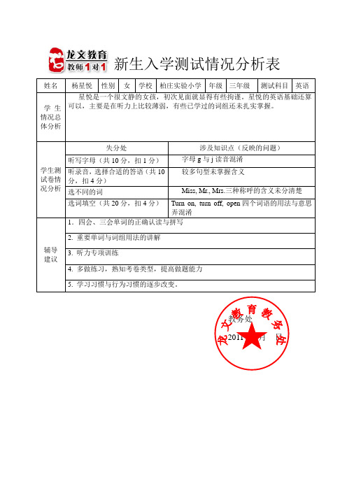 新生入学测试情况