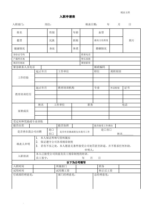 入职申请表模板