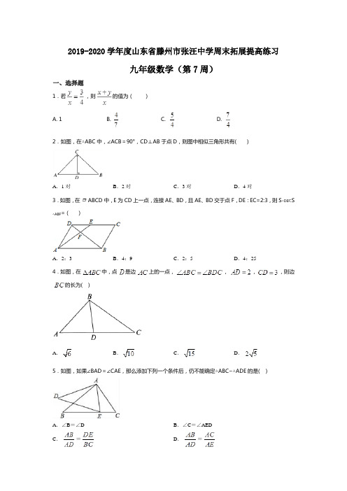 2019-2020学年度山东省滕州市张汪中学周末拓展提高练习九年级数学(第7周)(无答案)