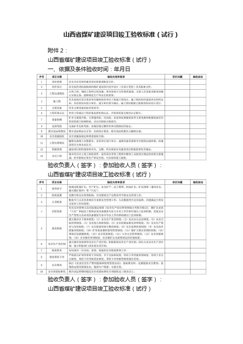 山西省煤矿建设项目竣工验收标准（试行）