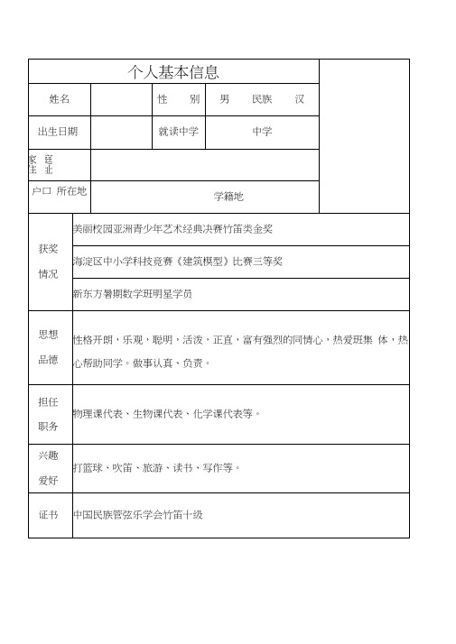 初中升高中个人简历精选范文