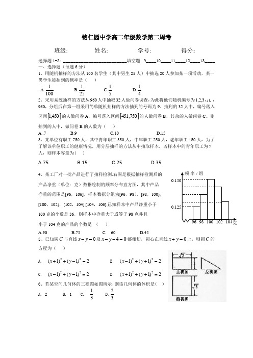 铭仁园中学高二年级数学周考试题(十几套)